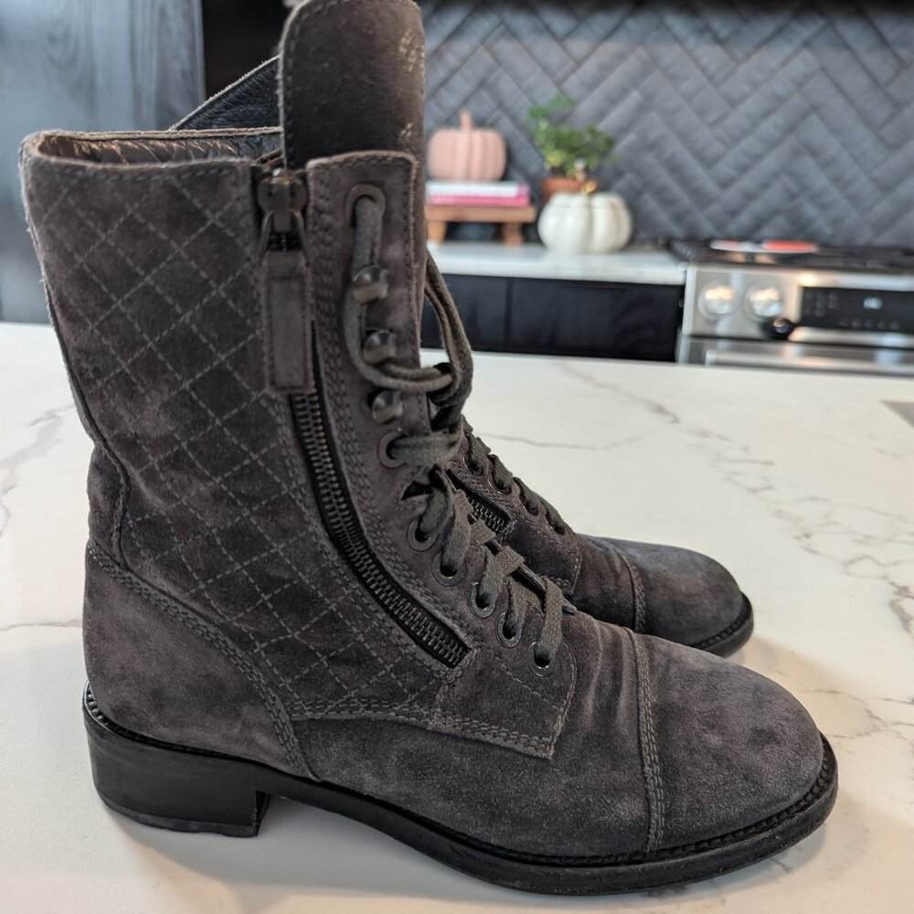 Chanel Suede Calfskin Quilted Combat Boots 38.5 Grey Logo